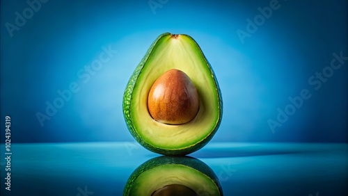 A Halved Avocado Reflects on a Smooth Blue Surface, a Composition of Nature's Simplicity and Symmetry
