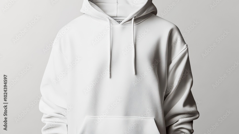 A clean and minimalist white hoodie displayed against a light grey background. The hoodie A clean and minimalist white hoodie displayed against a light grey background. The hoodie