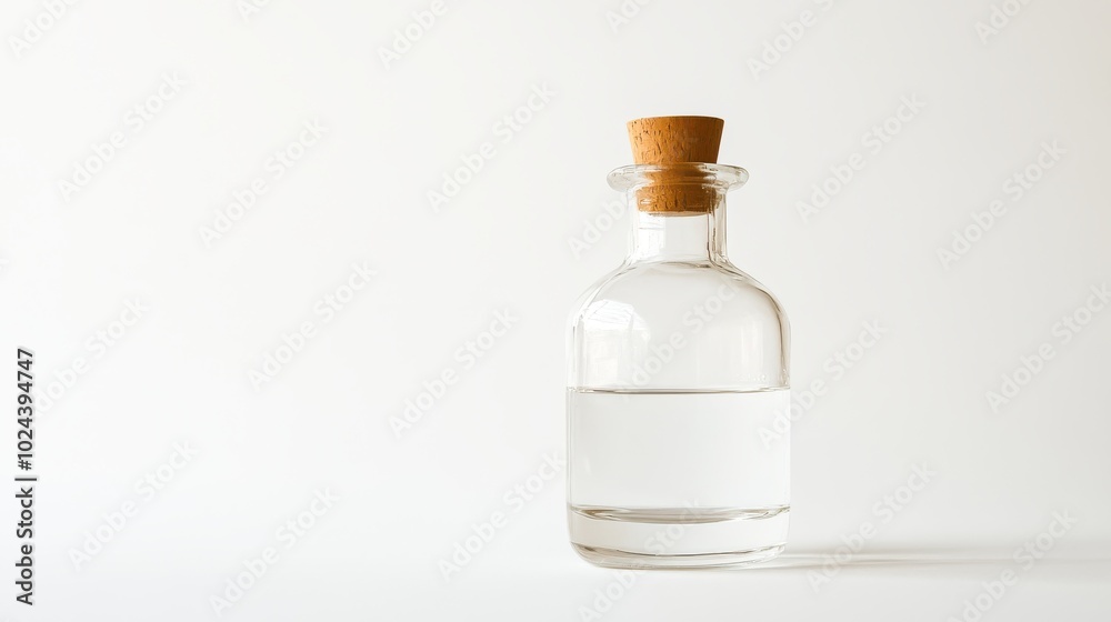 A clear glass bottle with a wooden cork stopper sits against a white background, containing