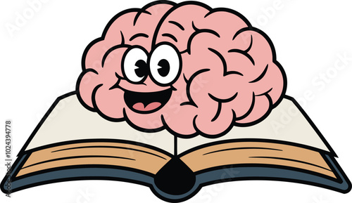 Happy Brain on Open Book Cartoon Illustration