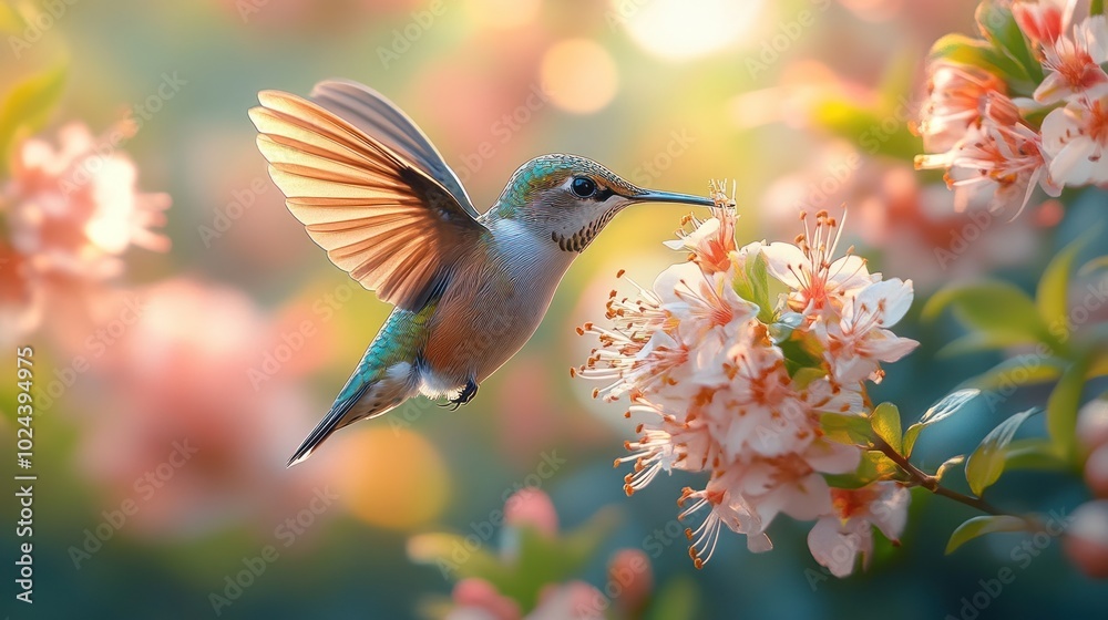 Fototapeta premium A hummingbird hovering near pink flowers in a vibrant, softly blurred garden setting.