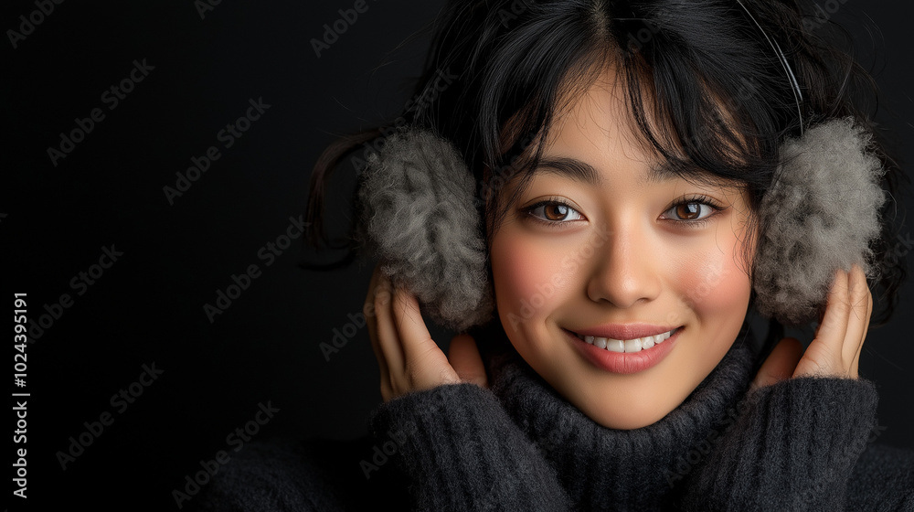 Smiling woman in gray earmuffs and sweater Smiling woman in gray earmuffs and sweater