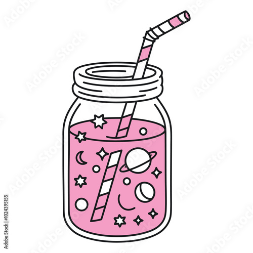 Whimsical Cosmic Pink Drink with Stars and Planets Illustration