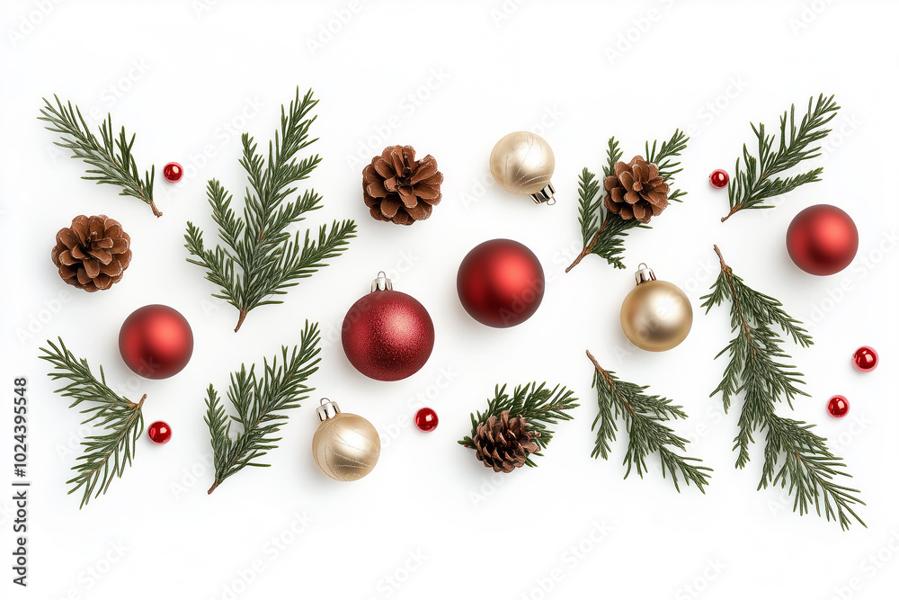 Red and white ornaments and pinecones on green branches, isolated on white background, festive Christmas spirit Red and white ornaments and pinecones on green branches, isolated on white background, festive Christmas spirit