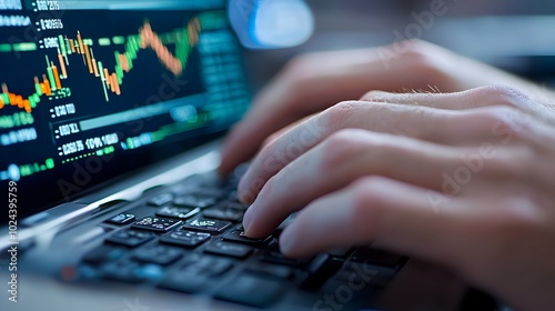 Hands of a professional typing on a computer keyboard with financial charts graphs and analytics displayed on the computer screen