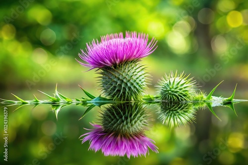 Thistle flower reflected in green trees background