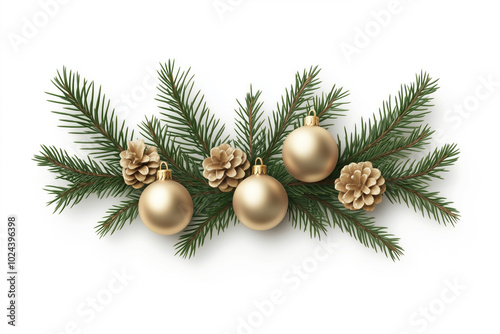 Golden and white ornaments and pinecones on green branches, isolated on white background, festive Christmas spirit