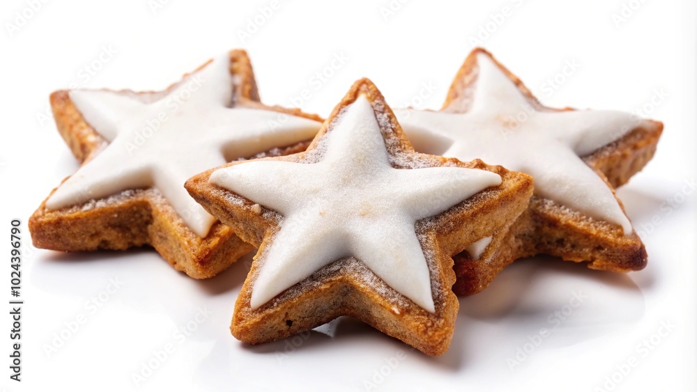 Three cinnamon stars with sugar glaze against white background Tasty Christmas pastry triple Extreme Close-Up Three cinnamon stars with sugar glaze against white background Tasty Christmas pastry triple Extreme Close-Up