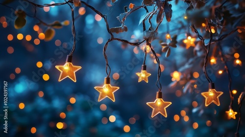 Hanging star-shaped lights with bokeh in a magical winter evening scene photo