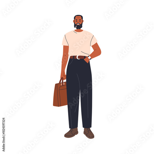 Business man with briefcase. African-American professional, modern office worker wearing stylish outfit, t-shirt. Entrepreneur, manager standing. Flat vector illustration isolated on white background