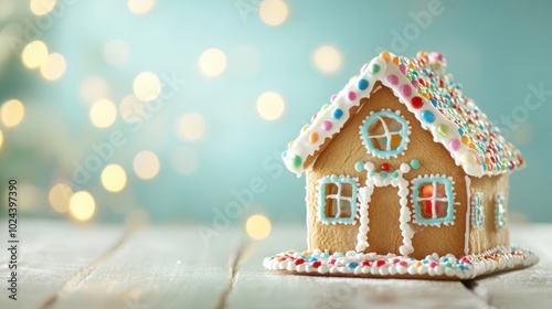 A gingerbread house features vibrant icing decorations and sprinkles, radiating warmth and cheer during the holiday season