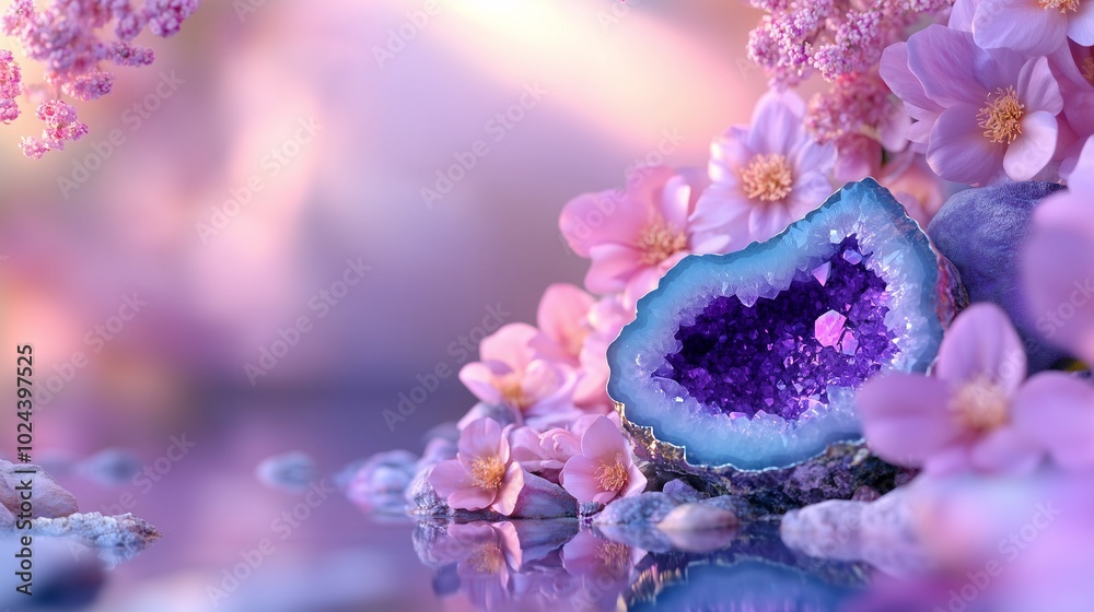 A stunning display of purple agate surrounded by delicate pink flowers, creating a serene and enchanting natural scene. A stunning display of purple agate surrounded by delicate pink flowers, creating a serene and enchanting natural scene.