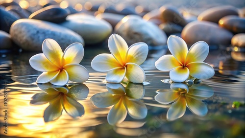 Three frangipani flowers on pebbles in water with fisheye reflection