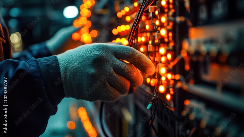 A close-up of a worker wearing protective gloves, connecting or maintaining complex wiring A close-up of a worker wearing protective gloves, connecting or maintaining complex wiring