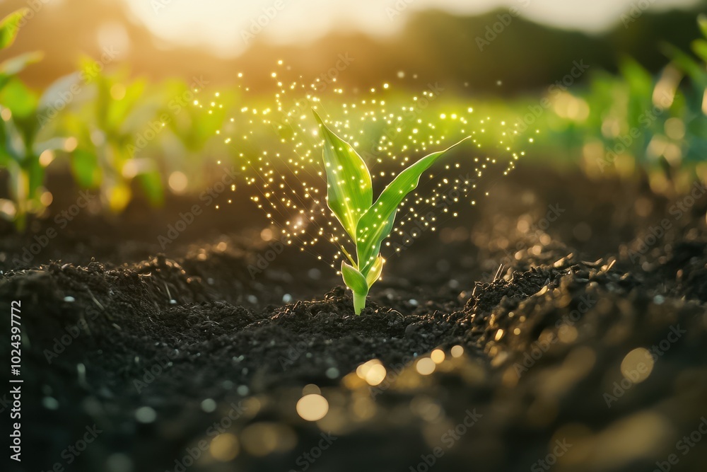 A close-up of a vibrant green corn sprout emerging from fertile, dark soil, bathed in warm A close-up of a vibrant green corn sprout emerging from fertile, dark soil, bathed in warm
