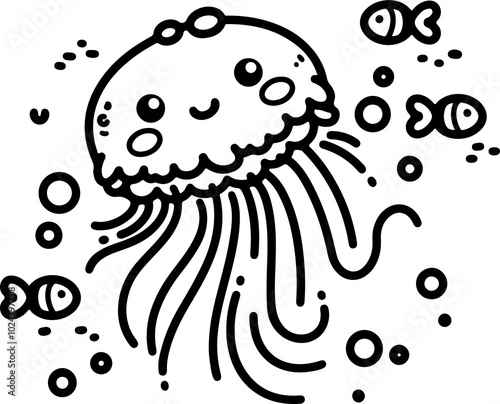 Cartoon jellyfish, hand-drawn in line art style. Vector illustration, isolated and perfect for kid's designs, playful projects, and underwater-themed creations. photo