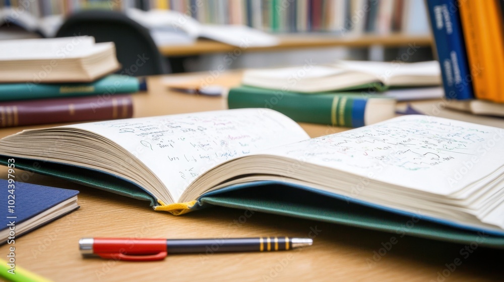 Naklejka premium Books on desk, close-up of open books with notes and pens, bright classroom setting