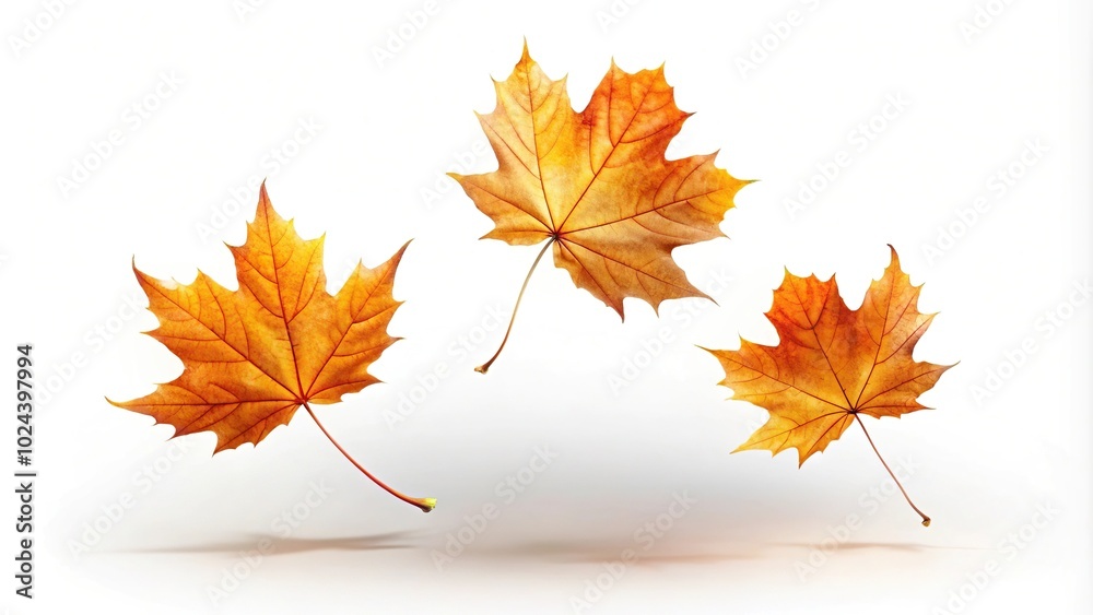 Fototapeta premium Three maple leaves falling from the sky on a pure white background