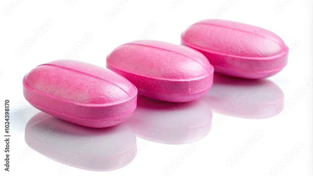 Three pink pills on white background with shadows and reflection Three pink pills on white background with shadows and reflection
