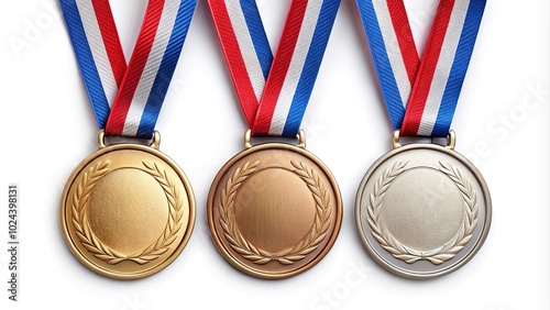 Three Olympic medals on white background isolated symmetrical