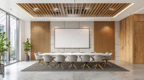 Business event in conference hall meeting room Seminar room indoor style Modern size Large big screen Frame Mockup chair wood wall background High ceiling big window
