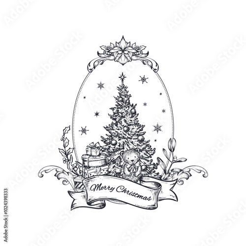 Vector pre-made greeting card with Christmas tree, winter plants and ribbon in vintage style.