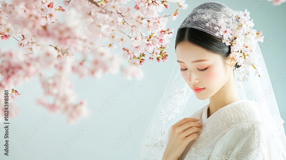 Elegant Portrait of Woman with Cherry Blossoms Elegant Portrait of Woman with Cherry Blossoms