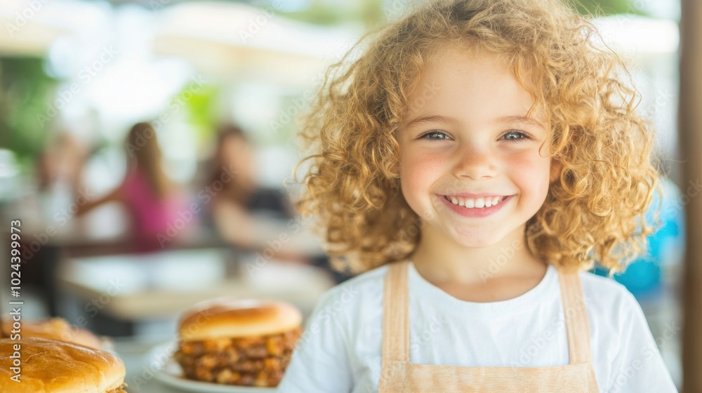 A cheerful child smiles broadly while holding burgers at an outdoor cafe, surrounded by friends and laughter on a bright day A cheerful child smiles broadly while holding burgers at an outdoor cafe, surrounded by friends and laughter on a bright day
