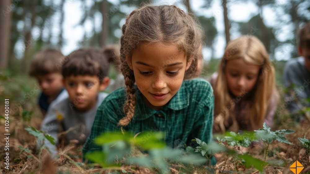 A group of children are exploring the forest floor, looking for interesting plants and bugs. A group of children are exploring the forest floor, looking for interesting plants and bugs.