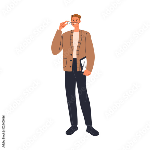 Office worker, employee. Business man, confident male professional standing, adjusting glasses. Manager, entrepreneur holding clipboard, smiling. Flat vector illustration isolated on white background