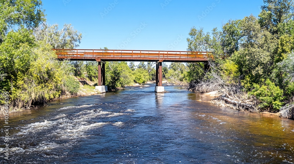 Wooden bridge crossing a river with flowing water and lush green trees on both sides. Wooden bridge crossing a river with flowing water and lush green trees on both sides.