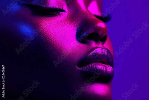 Fashion female model with creative lighting. Close up UV portrait of woman