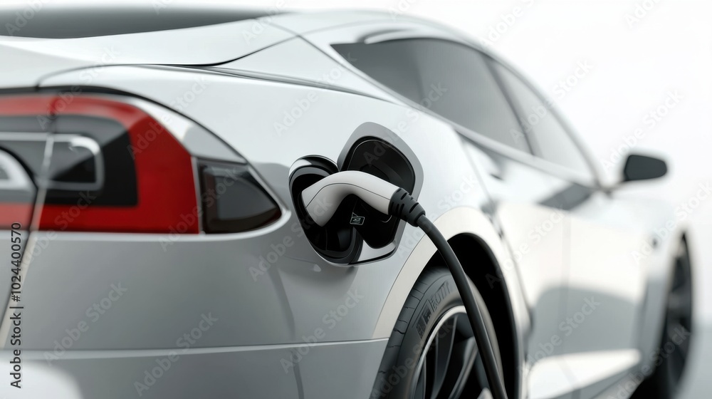 Fototapeta premium Electric car, close-up of charging port and cable, sleek car design