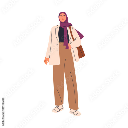 Business woman in hijab. Modern Arab female employee wearing headscarf and fashion outfit. Professional, Muslim office worker, entrepreneur. Flat vector illustration isolated on white background