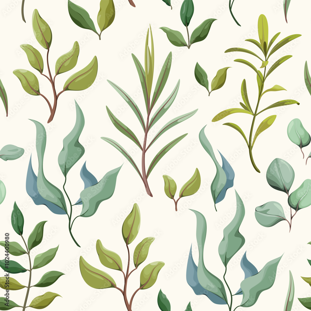Seamless pattern with greenery, twigs and leaves. Vector illustration. Seamless pattern with greenery, twigs and leaves. Vector illustration.