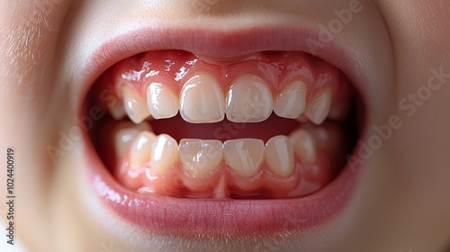 Close-up of a child’s smiling face showing emerging adult teeth photo