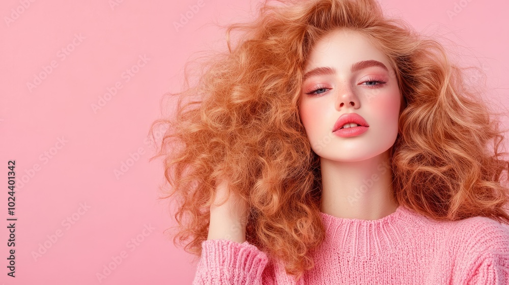 Fresh Beauty with Curly Hair on Pink Background Fresh Beauty with Curly Hair on Pink Background