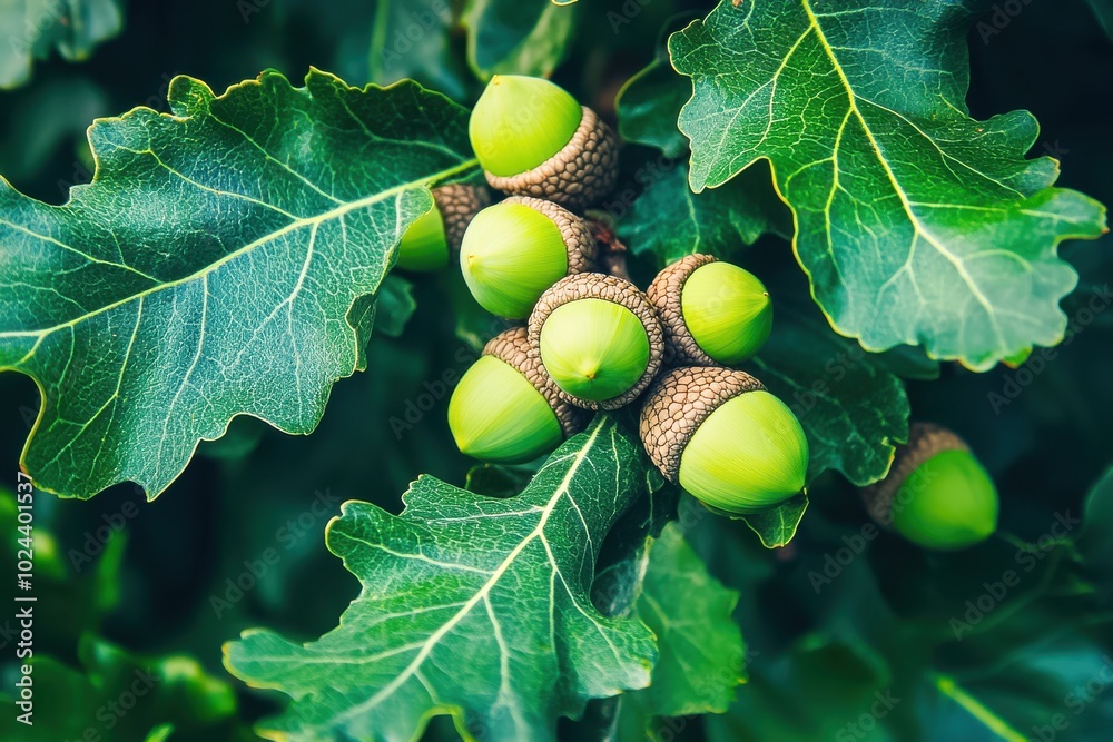 A cluster of green acorns attached to oak branches with deep green leaves A cluster of green acorns attached to oak branches with deep green leaves