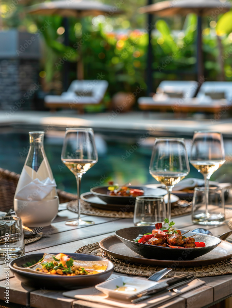 Elegant outdoor dining setup by the pool, featuring gourmet dishes, wine glasses, and a relaxing, luxurious atmosphere. Elegant outdoor dining setup by the pool, featuring gourmet dishes, wine glasses, and a relaxing, luxurious atmosphere.