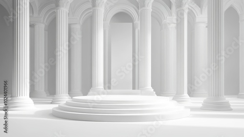 A simple, white 3D podium with tall pillars in the background. This design is perfect for showcasing products or creating a stylish display for fashion.