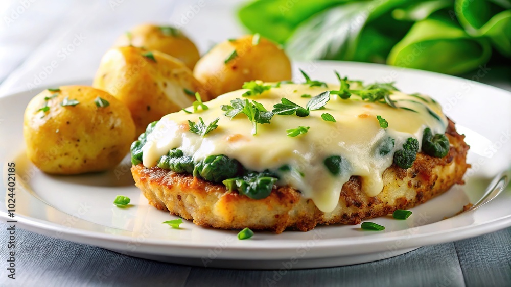 Tilted angle cutlet baked with cheese, spinach, and potatoes on a white plate Tilted angle cutlet baked with cheese, spinach, and potatoes on a white plate