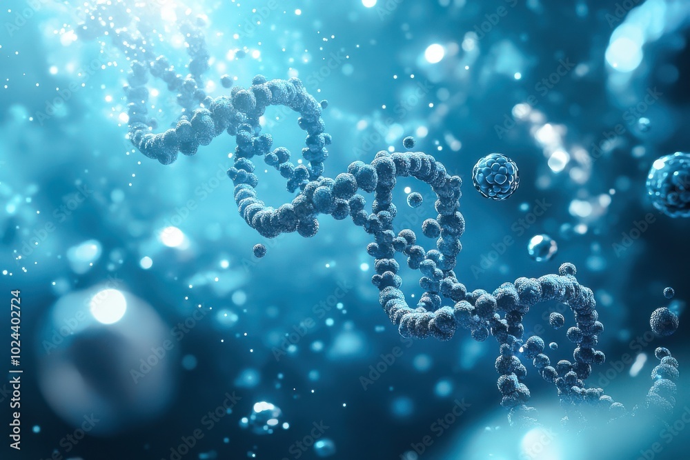 A complex DNA double helix structure surrounded by floating molecular spheres A complex DNA double helix structure surrounded by floating molecular spheres