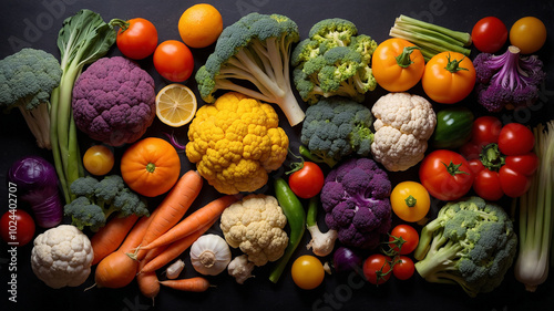 Wallpaper Mural Colorful fresh vegetables including cauliflower and tomatoes, arranged artistically on dark background. Torontodigital.ca