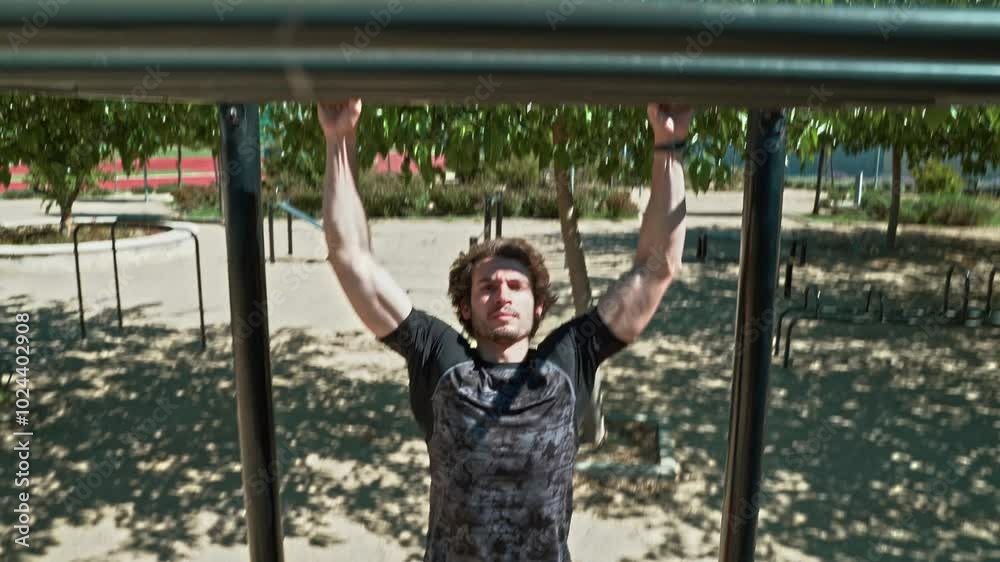 Man performing pull-ups on outdoor workout bars Man performing pull-ups on outdoor workout bars