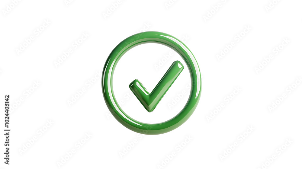 Green 3D checkmark symbol in glossy circular render, representing approval and success, set against white background. This vibrant design conveys positivity and assurance Green 3D checkmark symbol in glossy circular render, representing approval and success, set against white background. This vibrant design conveys positivity and assurance