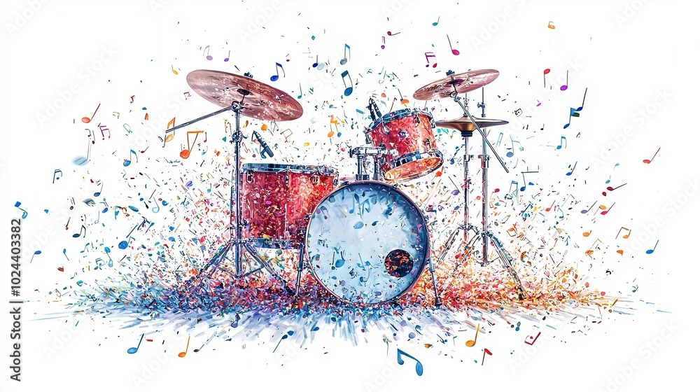 A vibrant red drum set surrounded by a dynamic burst of colorful musical notes and abstract splashes, symbolizing creativity, rhythm, and artistic expression. A vibrant red drum set surrounded by a dynamic burst of colorful musical notes and abstract splashes, symbolizing creativity, rhythm, and artistic expression.