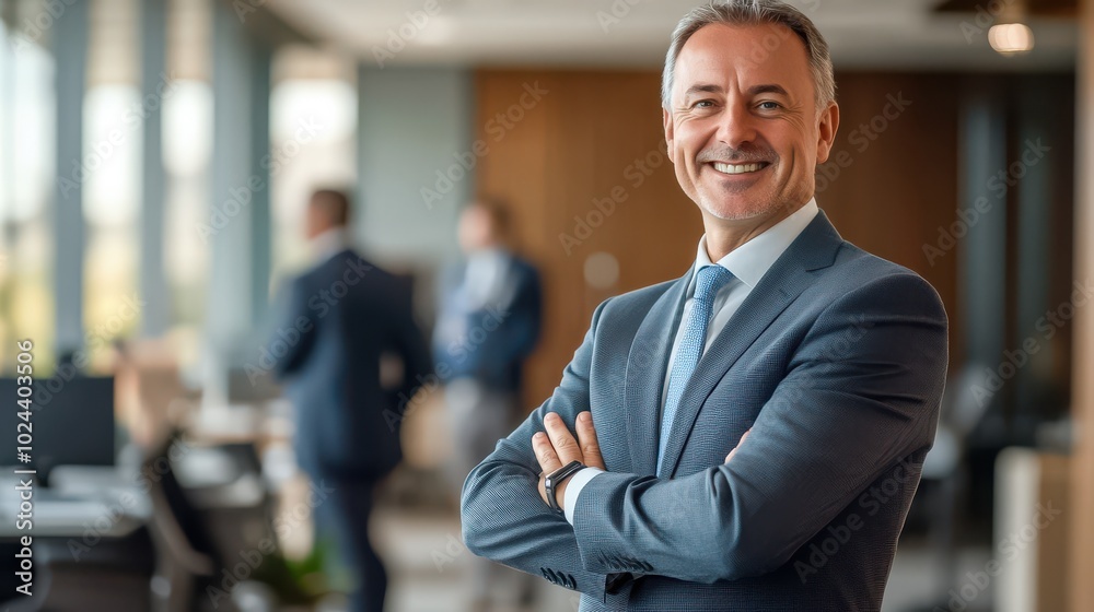 A confident middle-aged businessman in a tailored suit smiles warmly as he stands A confident middle-aged businessman in a tailored suit smiles warmly as he stands