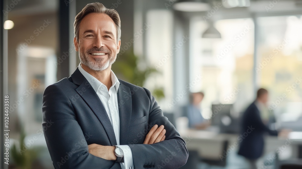 A confident middle-aged businessman in a tailored suit smiles warmly as he stands A confident middle-aged businessman in a tailored suit smiles warmly as he stands