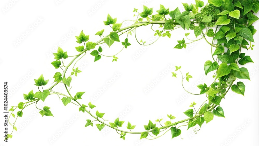 Tilted angle lush green vine with intricate foliage on white background Tilted angle lush green vine with intricate foliage on white background