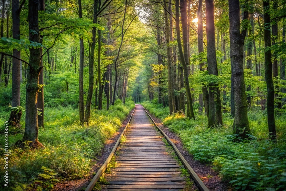 Tilted angle long trail through woods disappearing into distance Tilted angle long trail through woods disappearing into distance